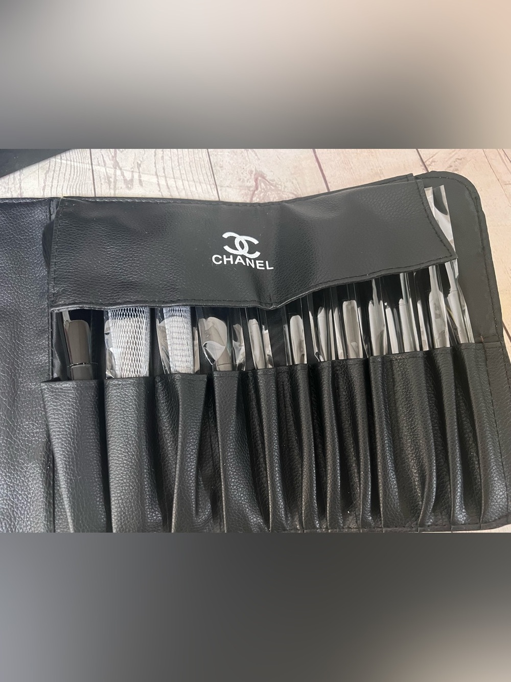 Chanel Make Up Brush Set Rolling Faux Leather Case Box Black